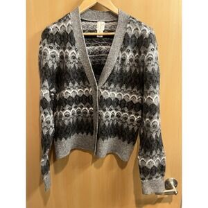 Joie Grey Patterned Fair Isle Fuzzy Button Cardigan Wool Blend Women Size Small